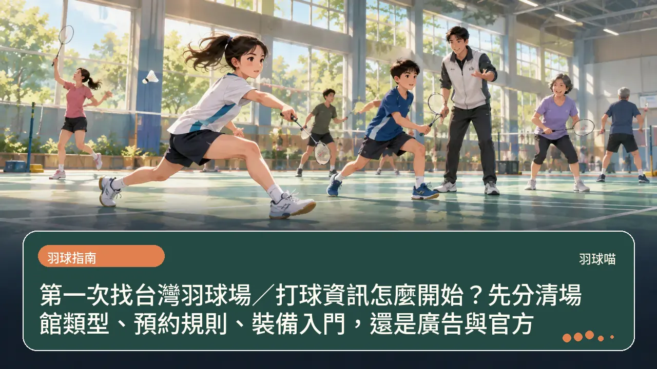第一次找台灣羽球場／打球資訊怎麼開始？先分清場館類型、預約規則、裝備入門，還是廣告與官方主題插畫